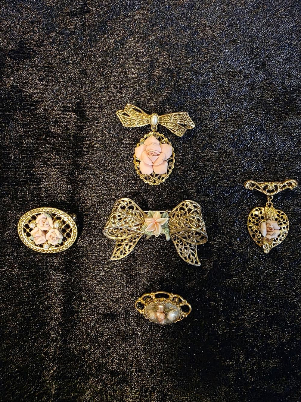 1928 Set Of 5 Brooches with Pink Floral Accents, Vintage, Mint